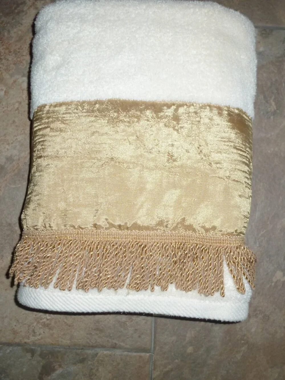 2 Croscill Home Creme Sateen Fabric EMBELLISHED Gold Fringe BATH TOWELS